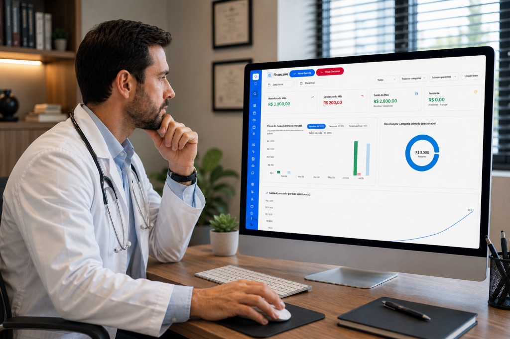 Médico revisando dashboard CRM financeiro da New Saúde