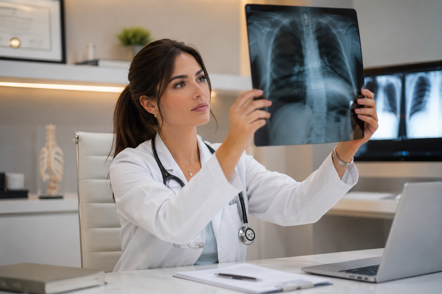 Médica analisando radiografia de tórax com apoio da IA