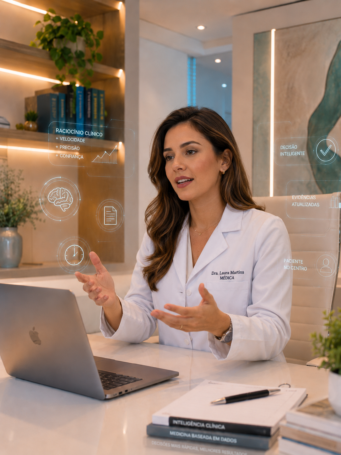 Médica usando New Saúde durante consulta — olhos no paciente