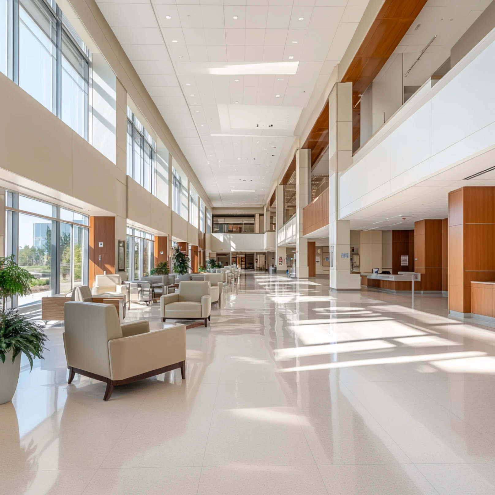 Lobby hospitalar moderno — infraestrutura clínica de larga escala
